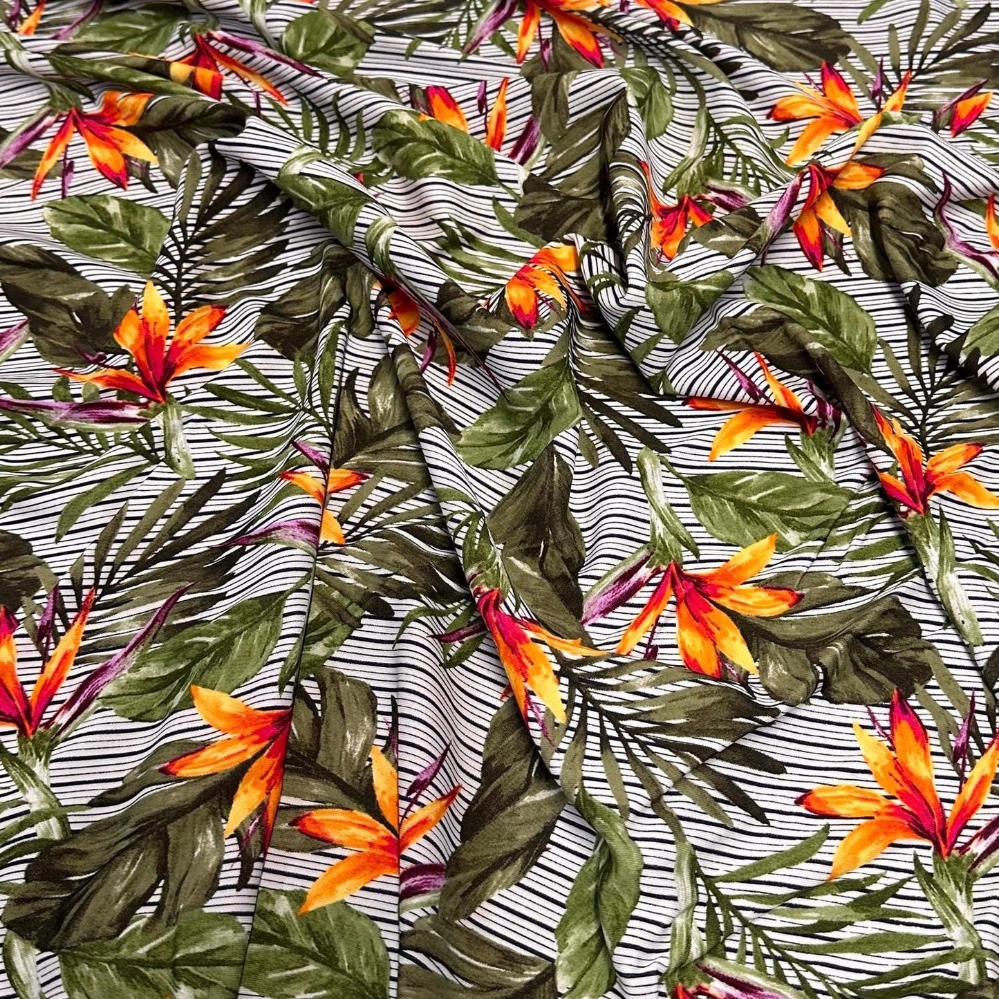 4 Way Stretch Print Nylon Spandex Fabric By The Yard Tricot Swim Wear Bikini Active Wear Striped Tropical Floral Flower Bird of Paradise