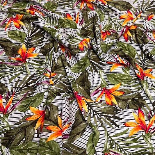 4 Way Stretch Print Nylon Spandex Fabric By The Yard Tricot Swim Wear Bikini Active Wear Striped Tropical Floral Flower Bird of Paradise