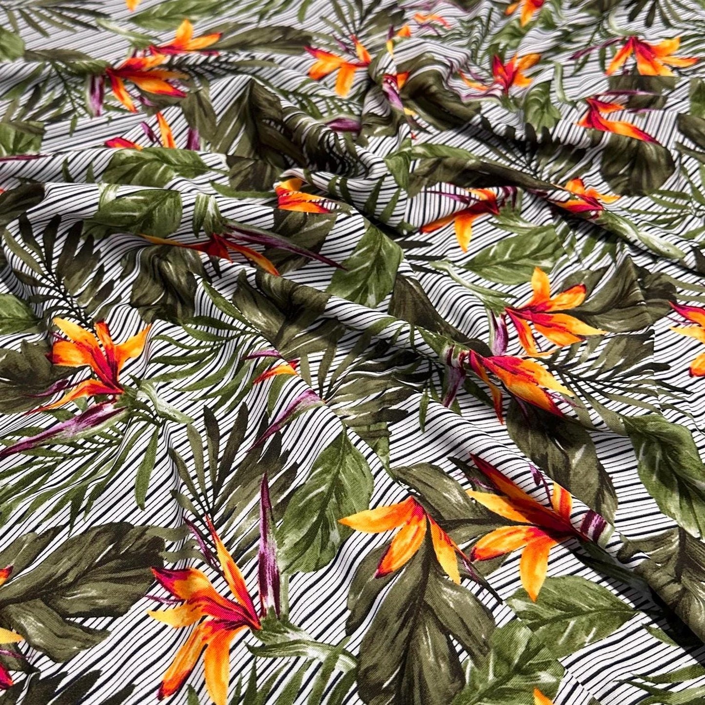 4 Way Stretch Print Nylon Spandex Fabric By The Yard Tricot Swim Wear Bikini Active Wear Striped Tropical Floral Flower Bird of Paradise