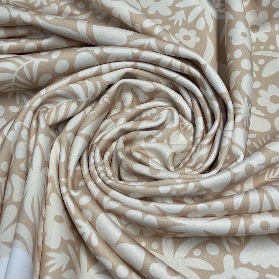 4 Way Stretch Print Spandex Fabric By The Yard Tricot Swim Wear Bikini Abstract Hibiscus Flower Tropical Leaf Floral Nude Beige