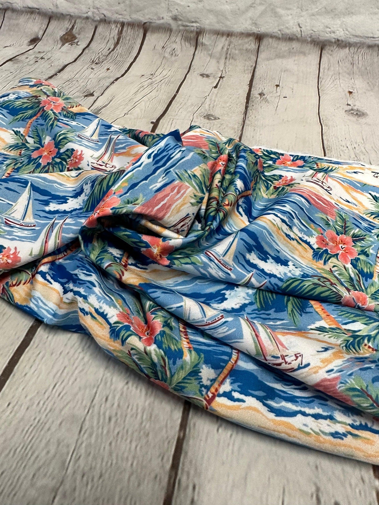 4 Way Stretch Print Spandex Fabric By The Yard Tricot Swim Wear Bikini Tropical Blue Coral Palm Tree Ocean Leaves 280 GSM