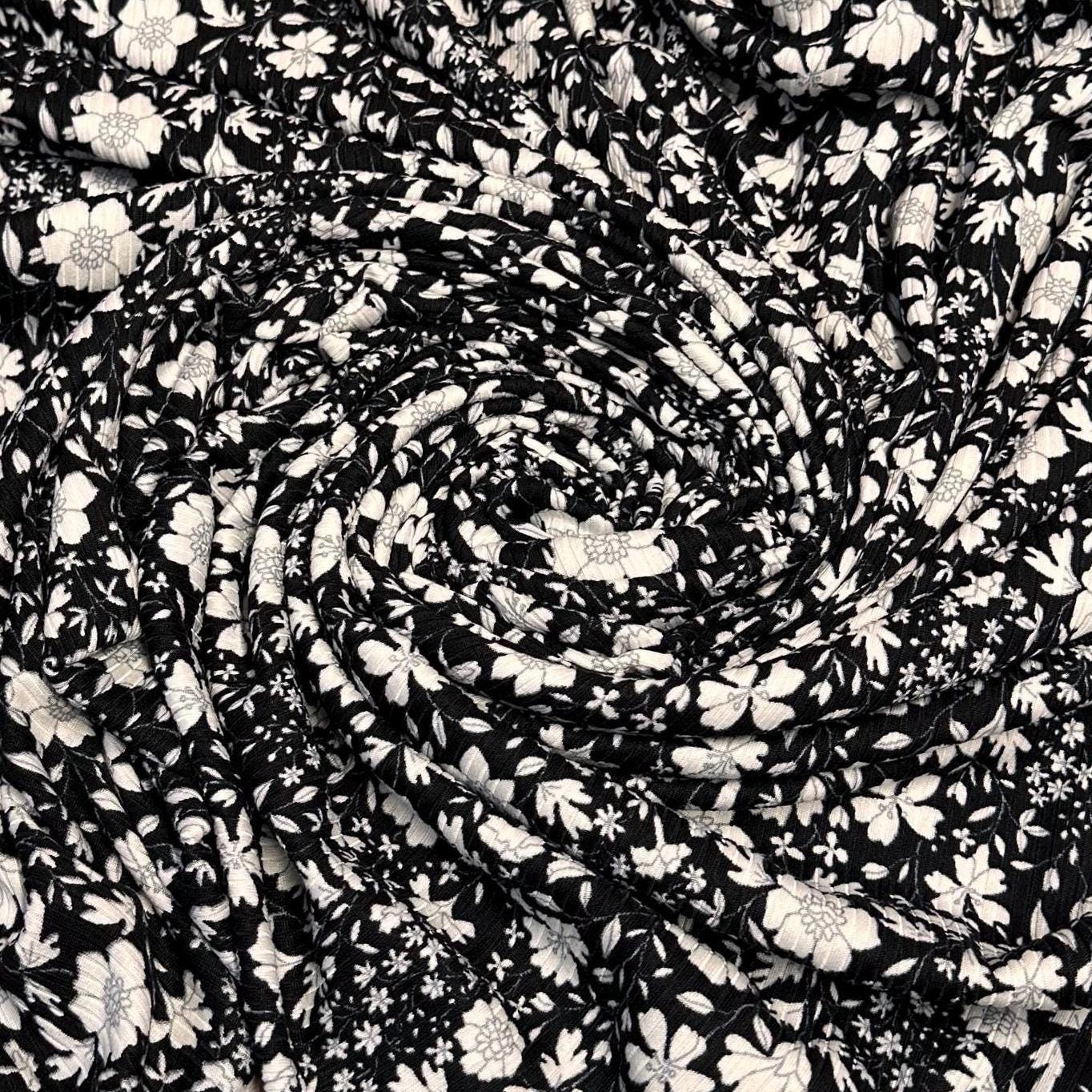 DBP 4x2 Rib Knit Flower Double Brushed Polyester Spandex Vintage Ditsy Floral Monotone Black Fabric By The Yard