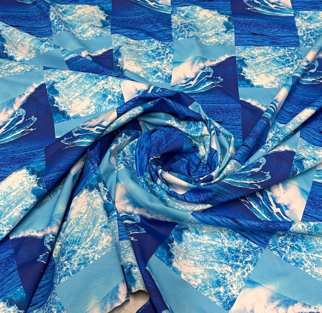 4 Way Stretch Print Nylon Spandex Fabric By The Yard Tricot Swim Wear Bikini Active Wear Abstract Wave Water Patchwork 260 GSM