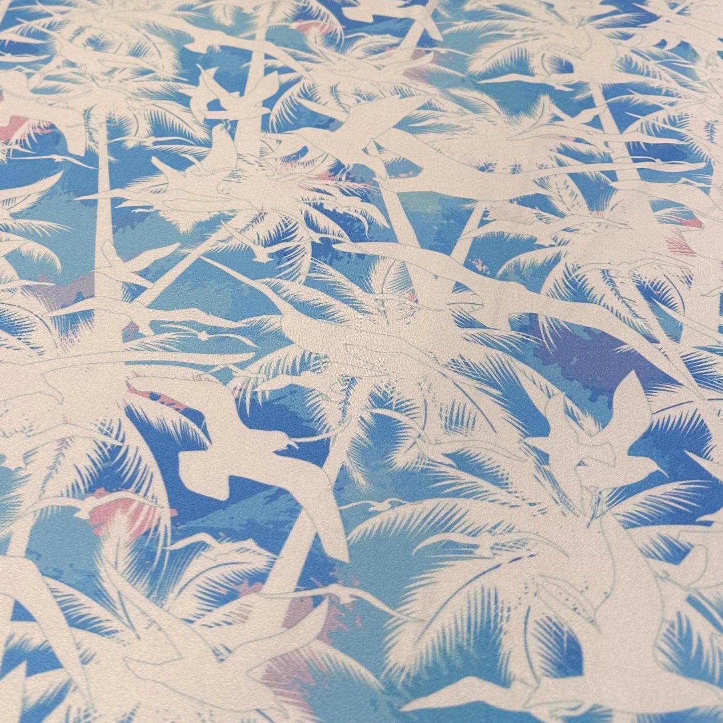 4 Way Stretch Print Nylon Spandex Fabric By The Yard Tricot Swim Wear Bikini Active Wear Tropical Ocean Palm Tree Beach Seagull Baby Blue