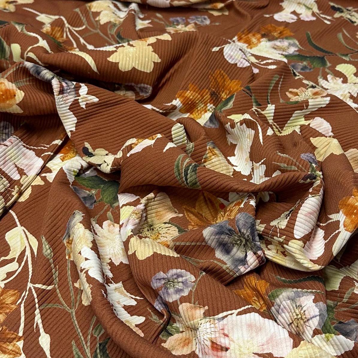 4 Way Stretch Print Rib Nylon Spandex Fabric By The Yard Tricot Swim Wear Bikini Active Wear Rust Floral Flower