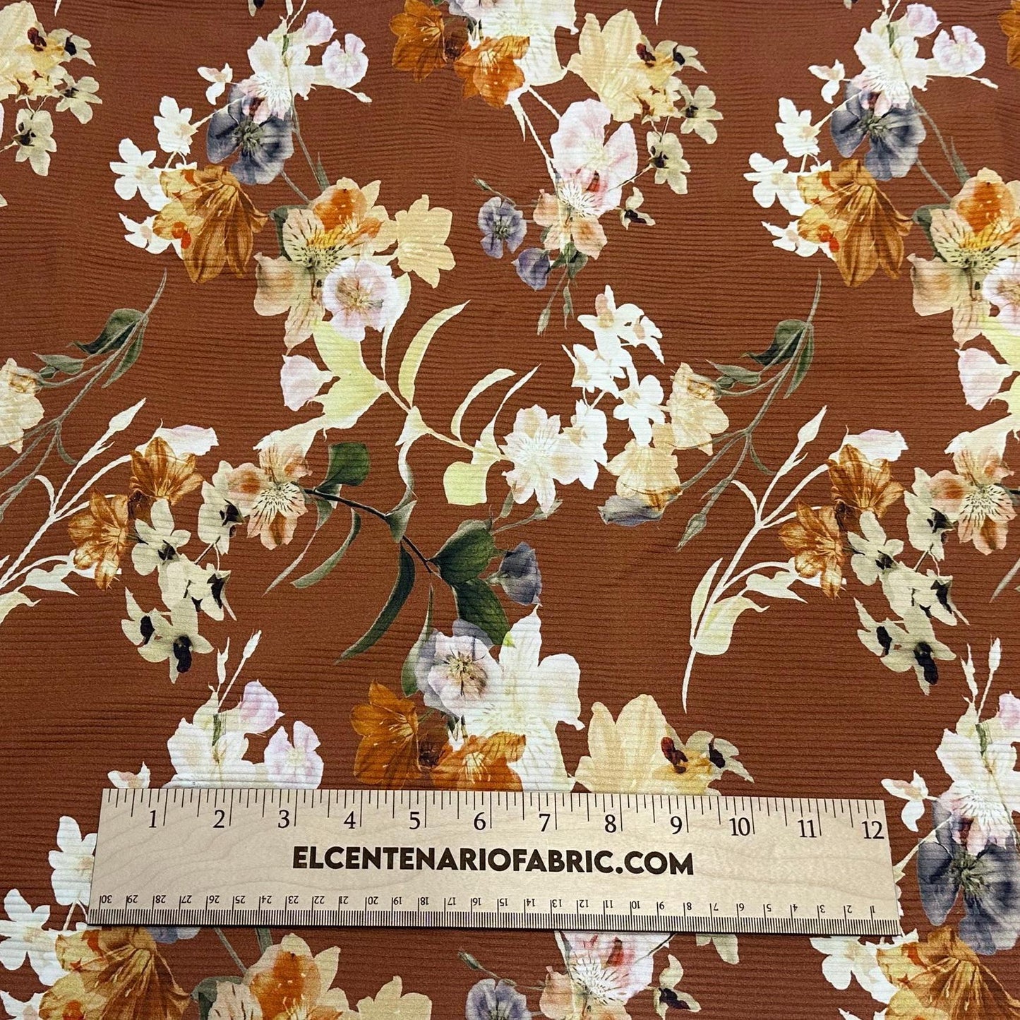 4 Way Stretch Print Rib Nylon Spandex Fabric By The Yard Tricot Swim Wear Bikini Active Wear Rust Floral Flower