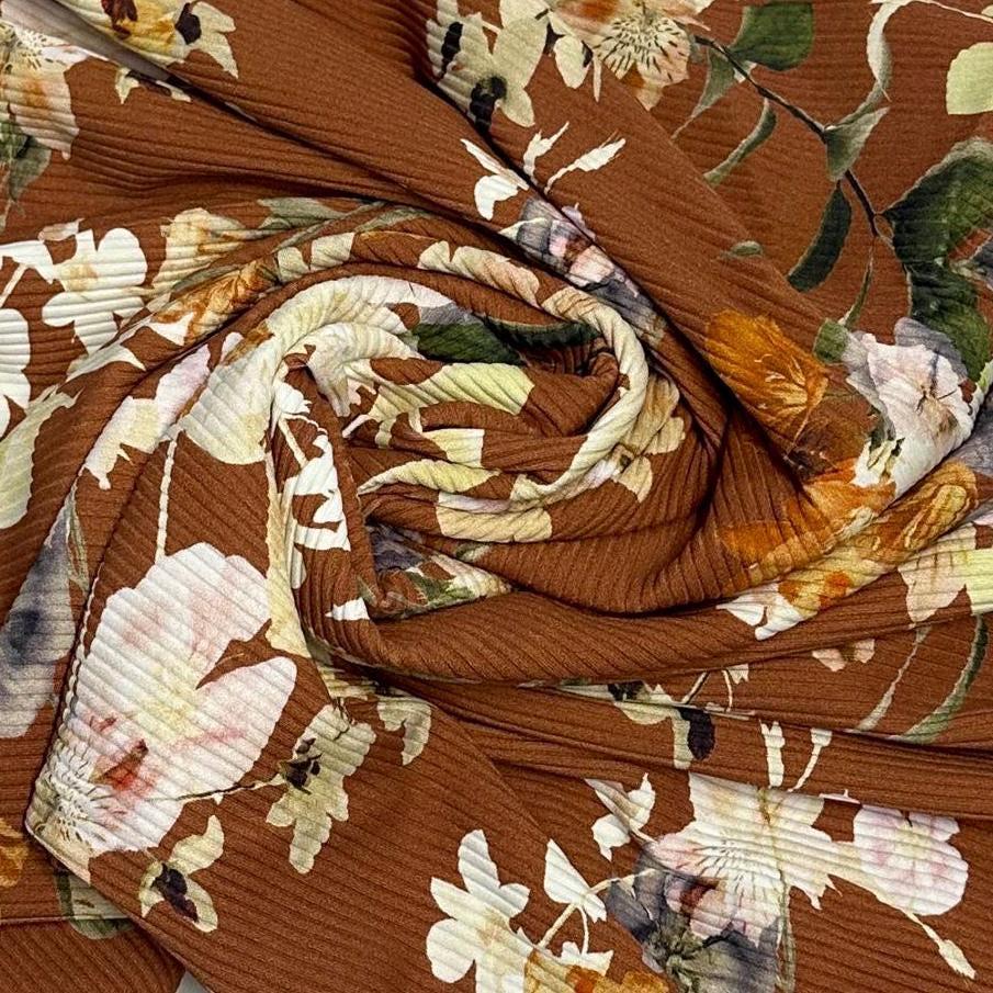 4 Way Stretch Print Rib Nylon Spandex Fabric By The Yard Tricot Swim Wear Bikini Active Wear Rust Floral Flower