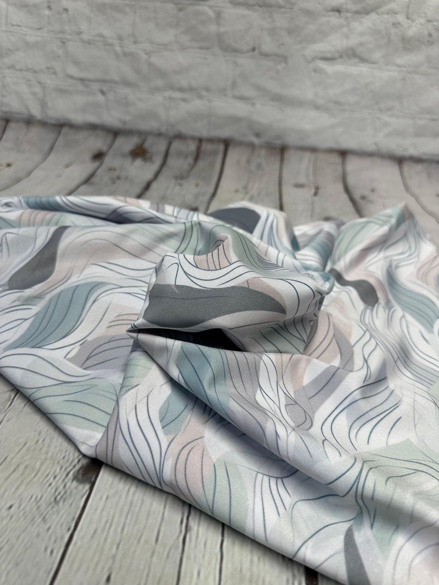 4 Way Stretch Print Spandex Fabric By The Yard Tricot Swim Wear Bikini Pastel Sage Hazy Wave Water 280 GSM