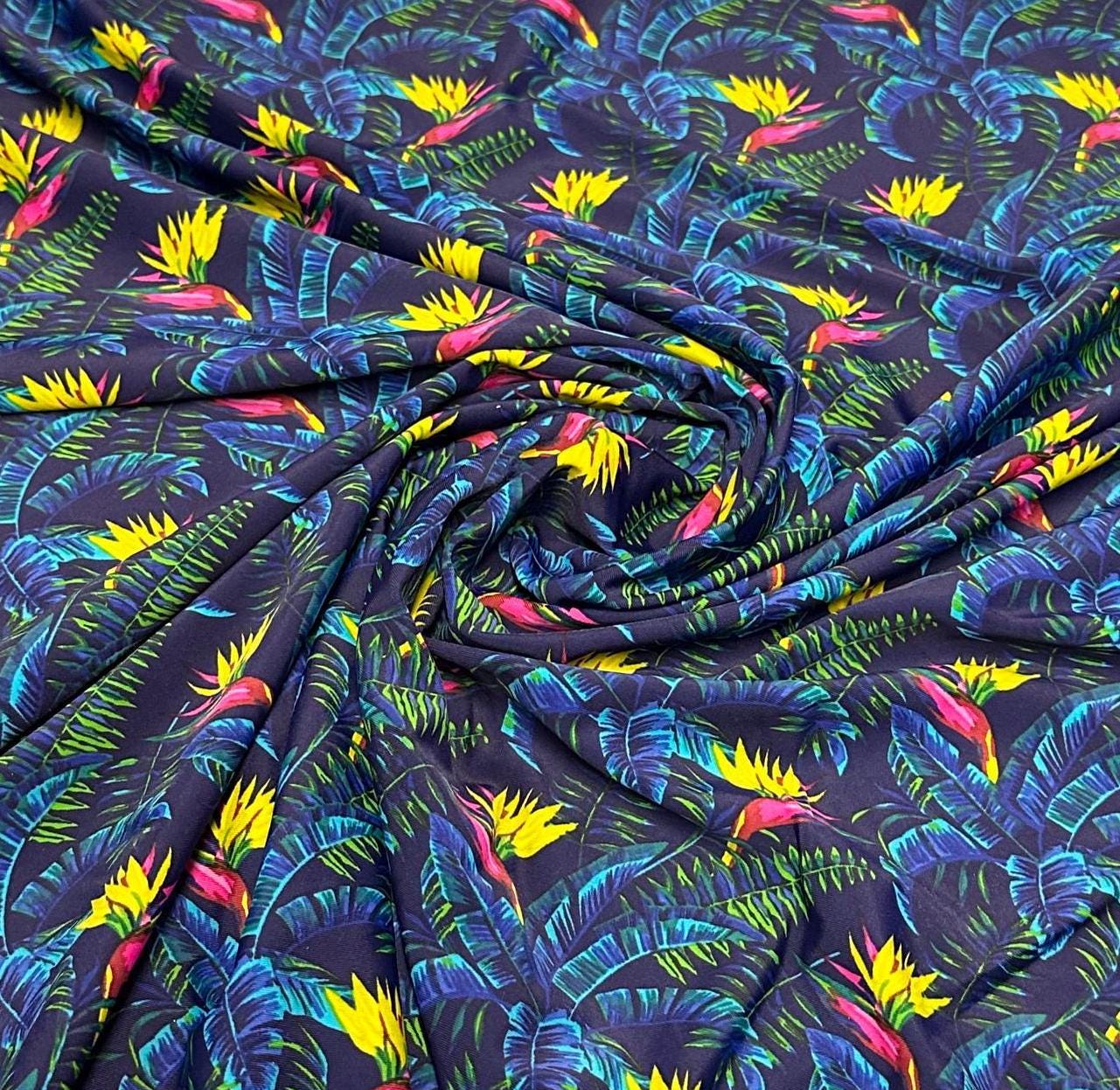 4 Way Stretch Print Nylon Spandex Fabric By The Yard Tricot Swim Wear Bikini Active Wear Tropical Floral Flower Bird of Paradise Beach