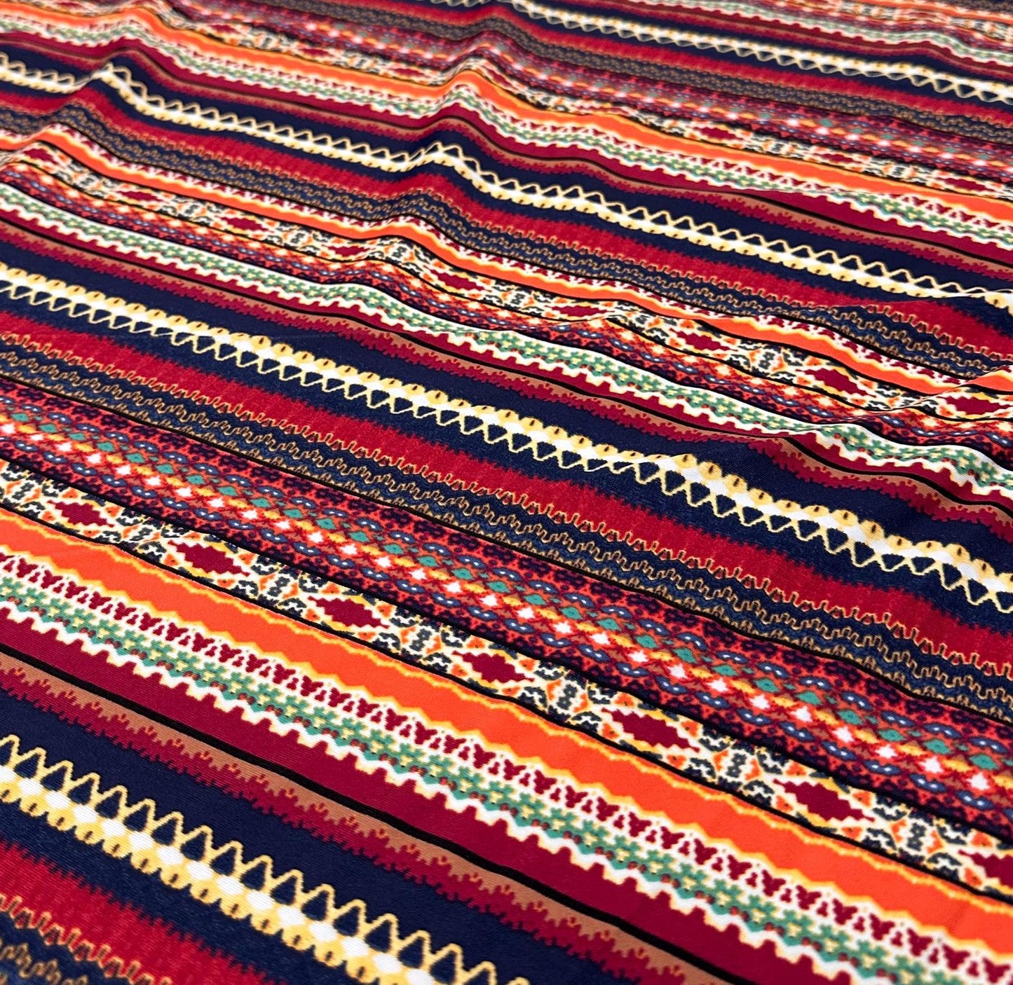 4 Way Stretch Print Nylon Spandex Fabric By The Yard Tricot Swim Wear Bikini Active Wear Multi Color Stripe Geometric Rust Navy Rustic