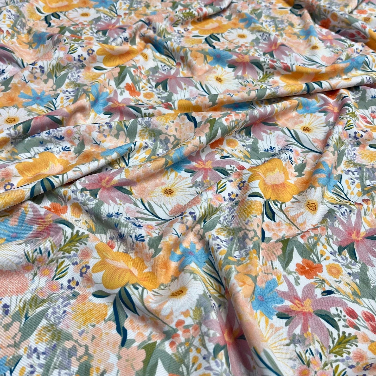 4 Way Stretch Print Nylon Spandex Fabric By The Yard Tricot Swim Wear Bikini Active Wear Floral Vinatge Floral Daisy Multicolor White Yellow