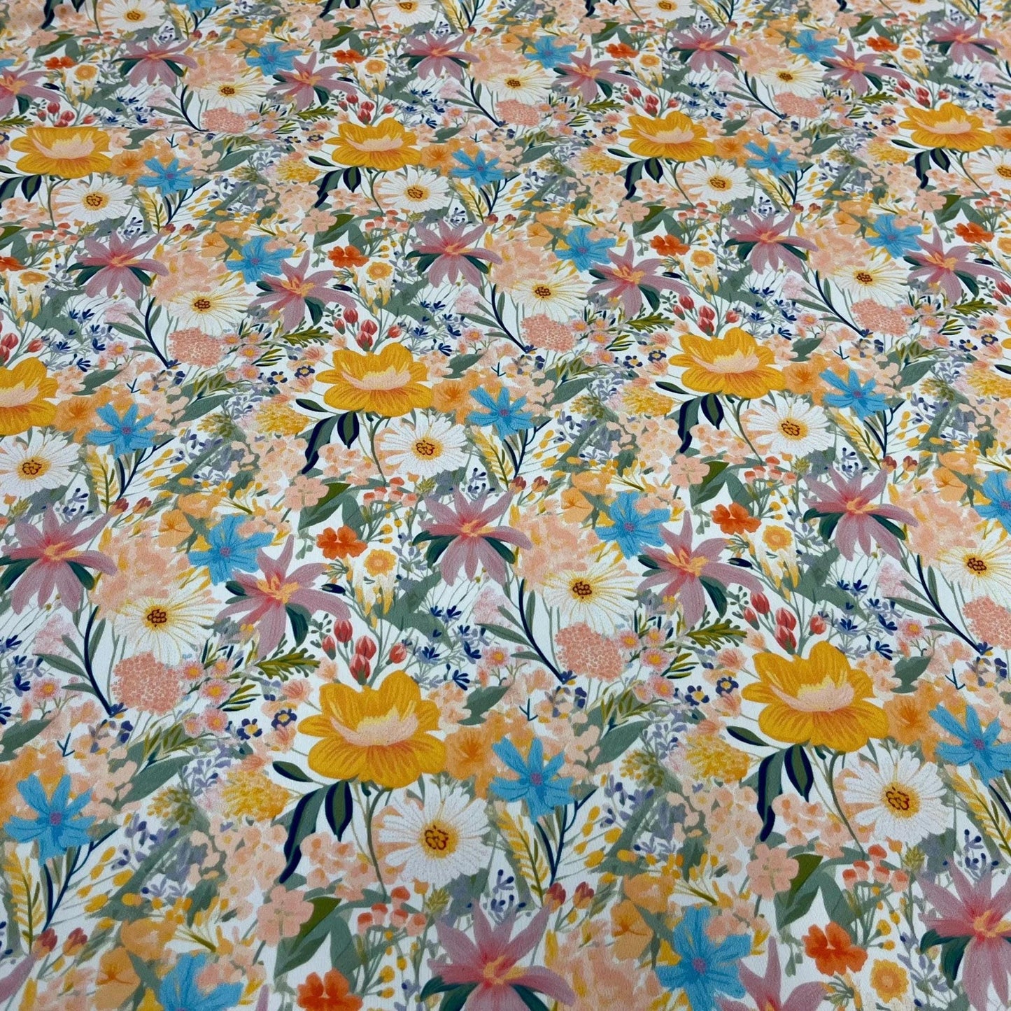 4 Way Stretch Print Nylon Spandex Fabric By The Yard Tricot Swim Wear Bikini Active Wear Floral Vinatge Floral Daisy Multicolor White Yellow
