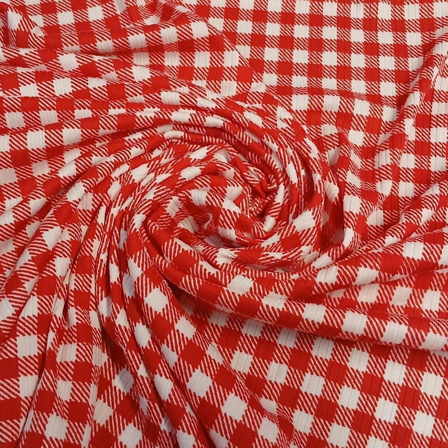 DBP 4x2 Rib Knit Double Brushed Polyester Spandex Gingham Checkered Plaid Red Fabric By The Yard