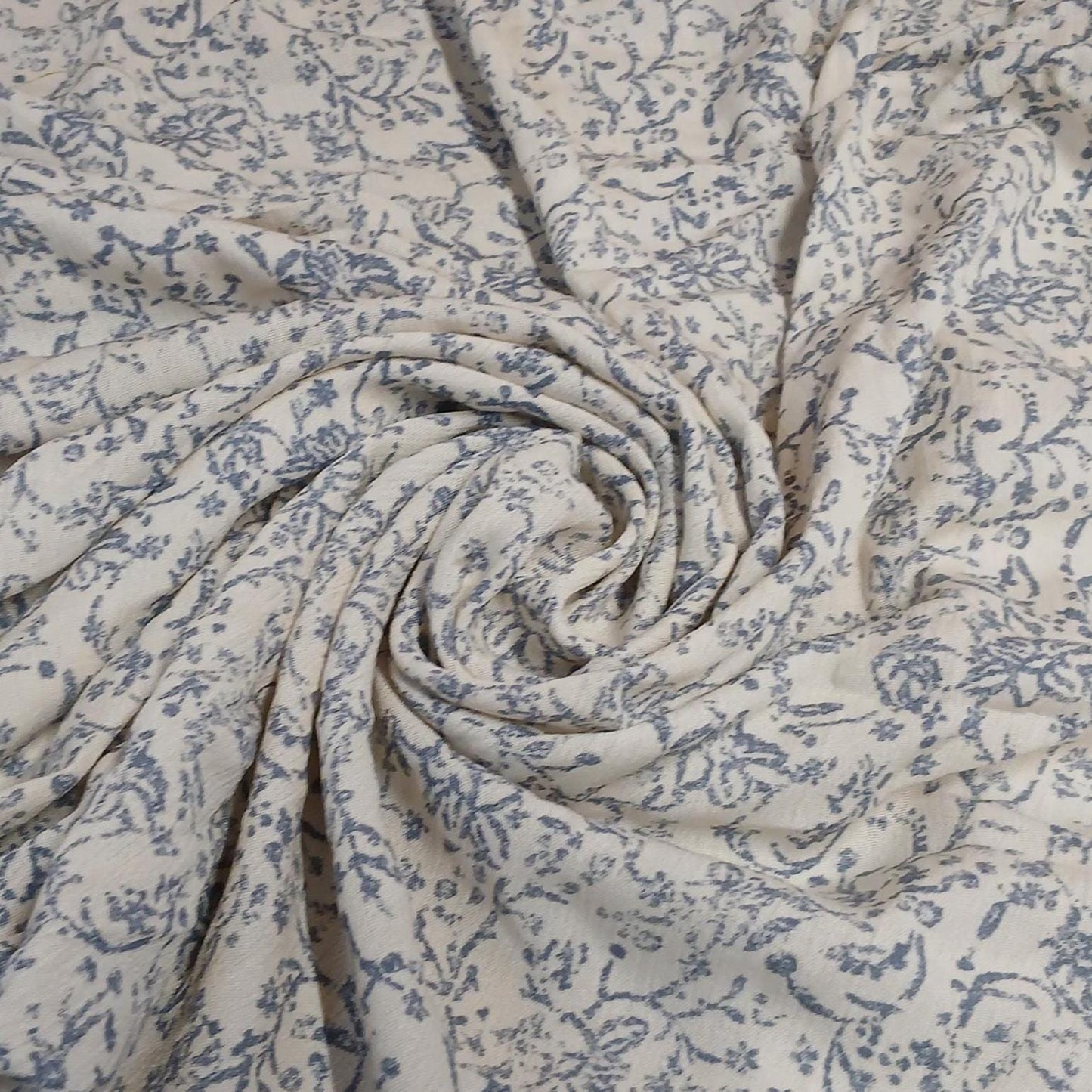 100% Rayon Crinkled Challis Fabric Denim and Cream Vintage Floral Print Soft, Flowy Woven Fabric by the Yard