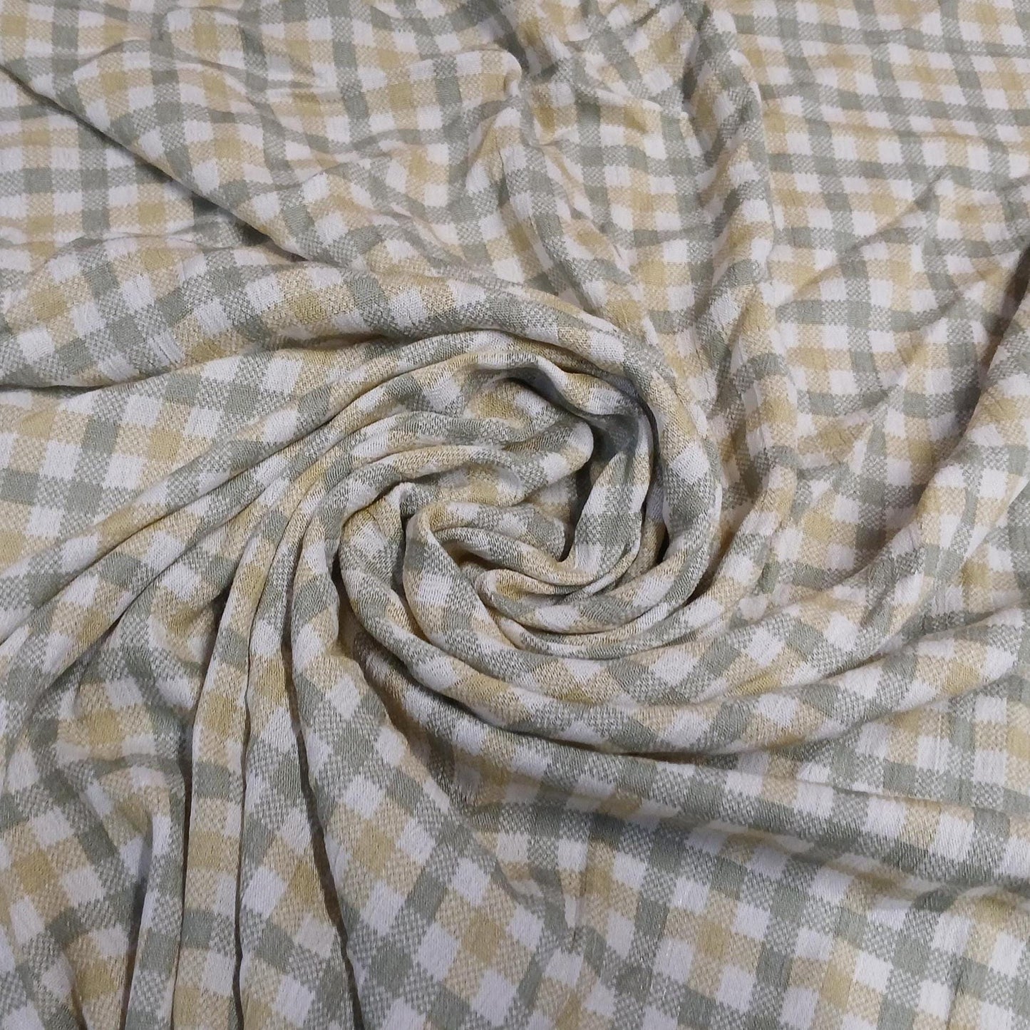 100% Rayon Crinkled Challis Fabric Sage and Taupe Gingham Print Soft, Flowy Woven Fabric by the Yard