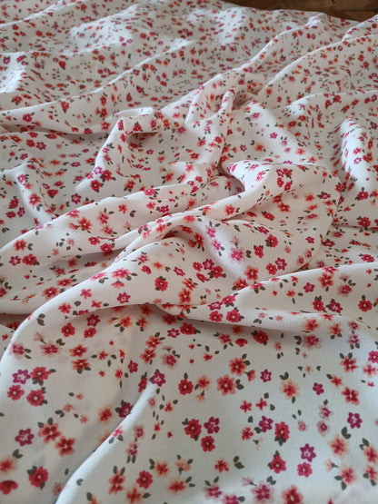 Ivory Floral Print 100% Polyester Wool Dobby Fabric – Red & Pink Flowers, 60” Wide