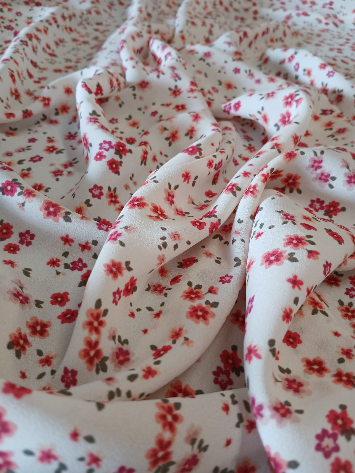 Ivory Floral Print 100% Polyester Wool Dobby Fabric – Red & Pink Flowers, 60” Wide