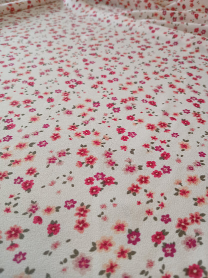 Ivory Floral Print 100% Polyester Wool Dobby Fabric – Red & Pink Flowers, 60” Wide