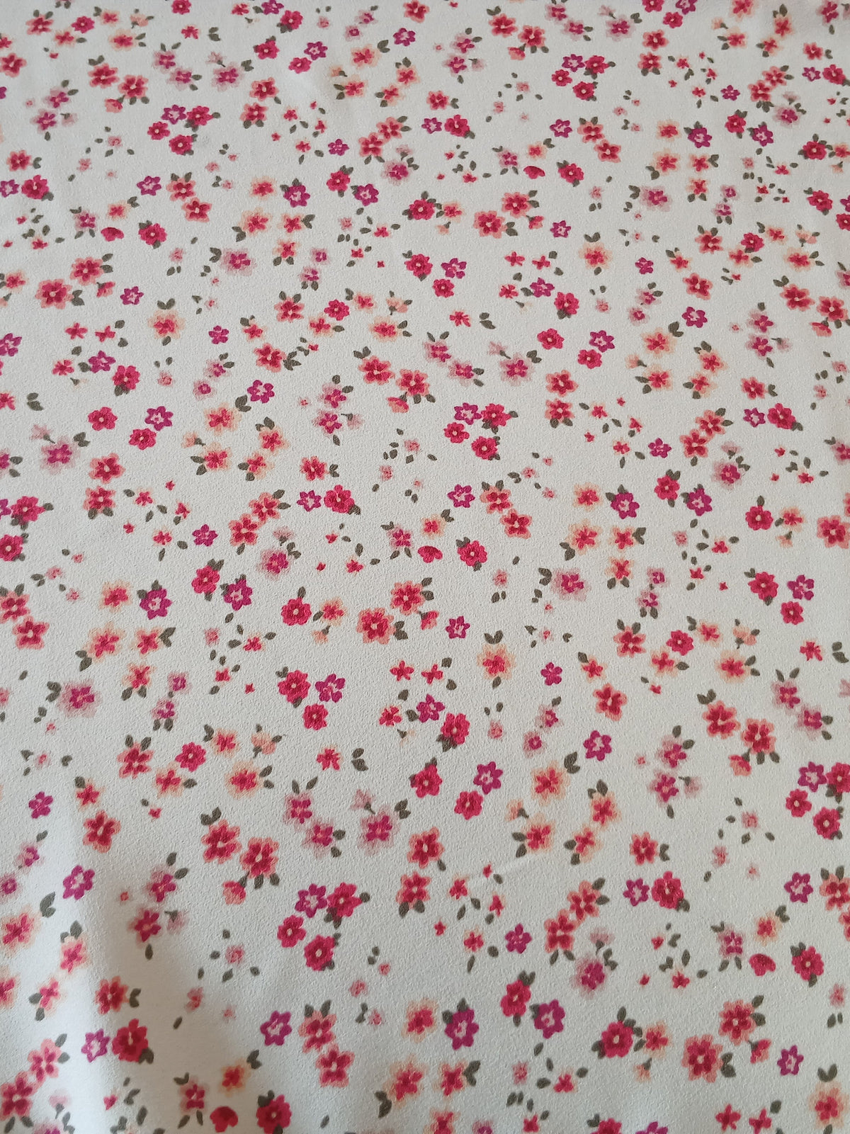 Ivory Floral Print 100% Polyester Wool Dobby Fabric – Red & Pink Flowers, 60” Wide
