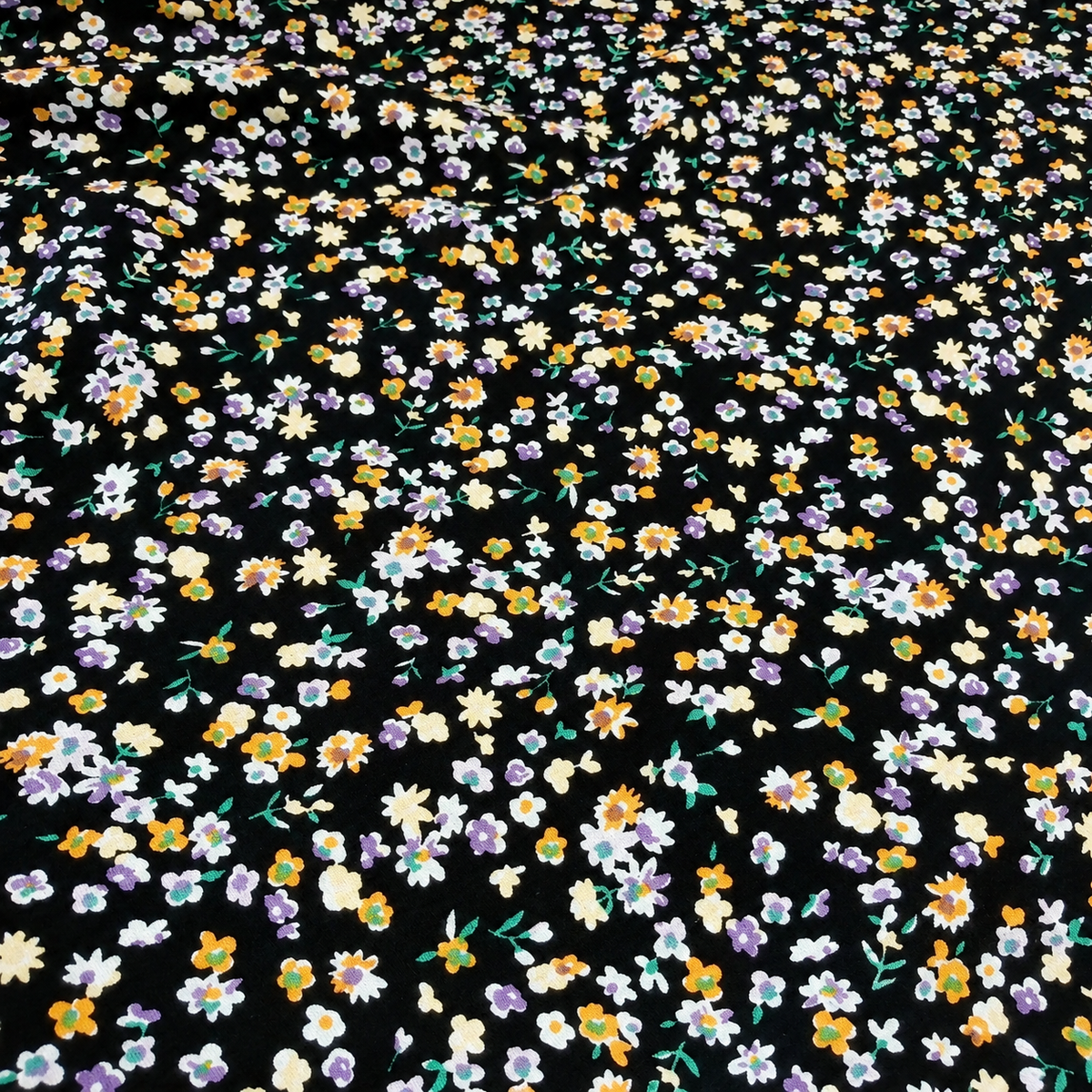 Black Floral Print 100% Rayon Crepe Woven Fabric – Gold Purple White Flowers, 56” Wide