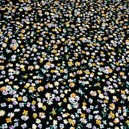 Black Floral Print 100% Rayon Crepe Woven Fabric – Gold Purple White Flowers, 56” Wide