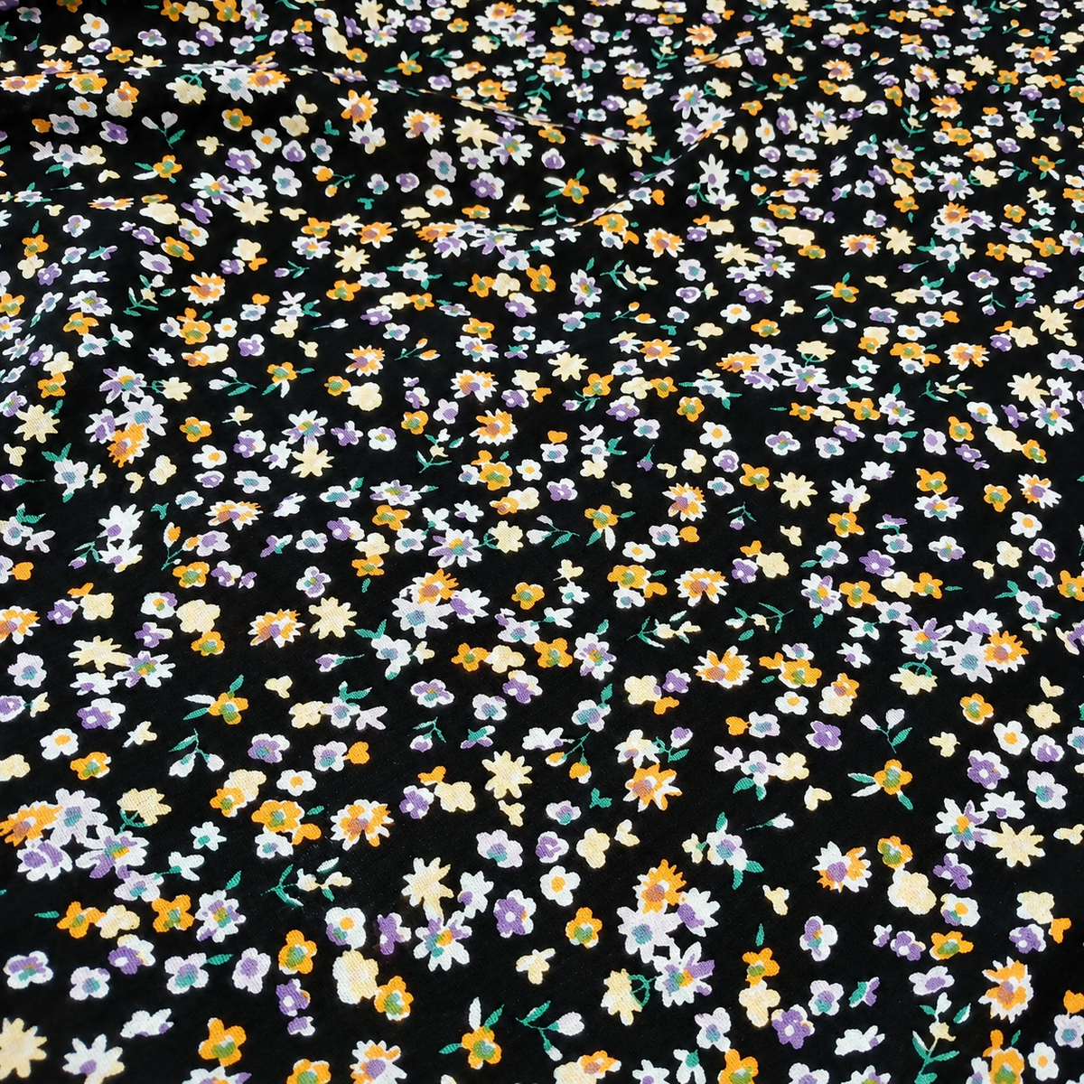 Black Floral Print 100% Rayon Crepe Woven Fabric – Gold Purple White Flowers, 56” Wide