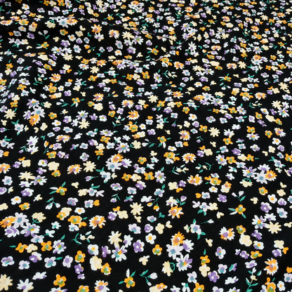 Black Floral Print 100% Rayon Crepe Woven Fabric – Gold Purple White Flowers, 56” Wide