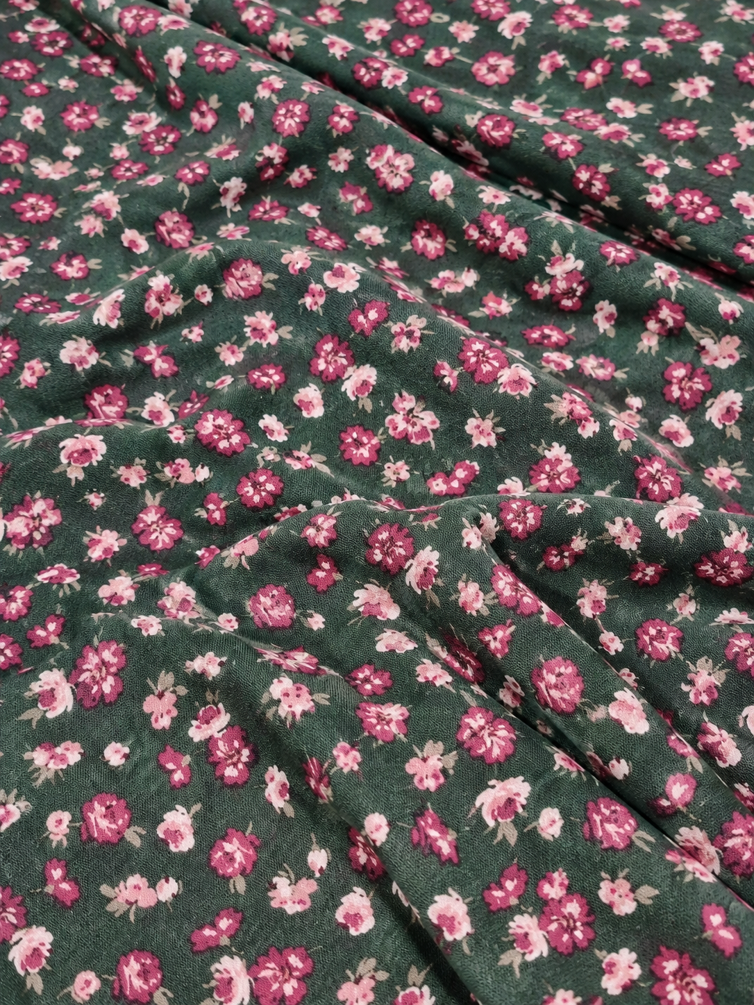Hunter Green Floral Print 100% Rayon Crepe Woven Fabric – Red & White Flowers, 56” Wide