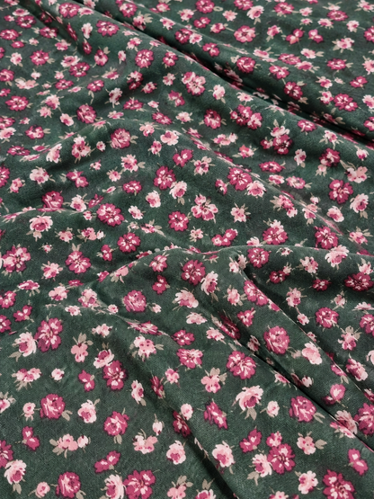 Hunter Green Floral Print 100% Rayon Crepe Woven Fabric – Red & White Flowers, 56” Wide