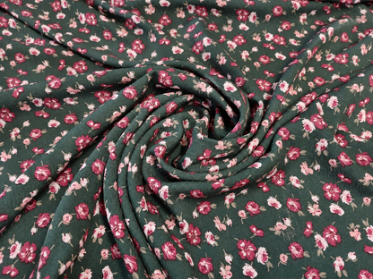Hunter Green Floral Print 100% Rayon Crepe Woven Fabric – Red & White Flowers, 56” Wide