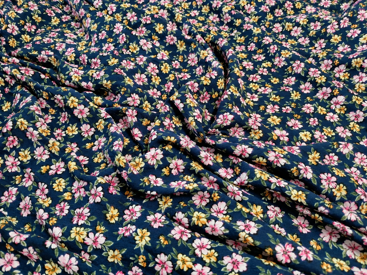 Navy Blue Floral Print 100% Rayon Crepe Woven Fabric – Pink & Yellow Flowers, 56” Wide