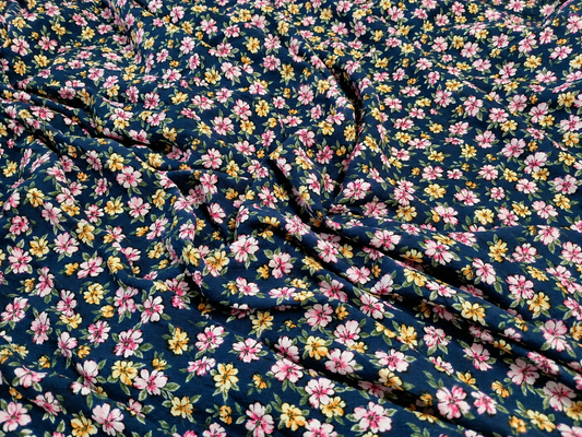 Navy Blue Floral Print 100% Rayon Crepe Woven Fabric – Pink & Yellow Flowers, 56” Wide