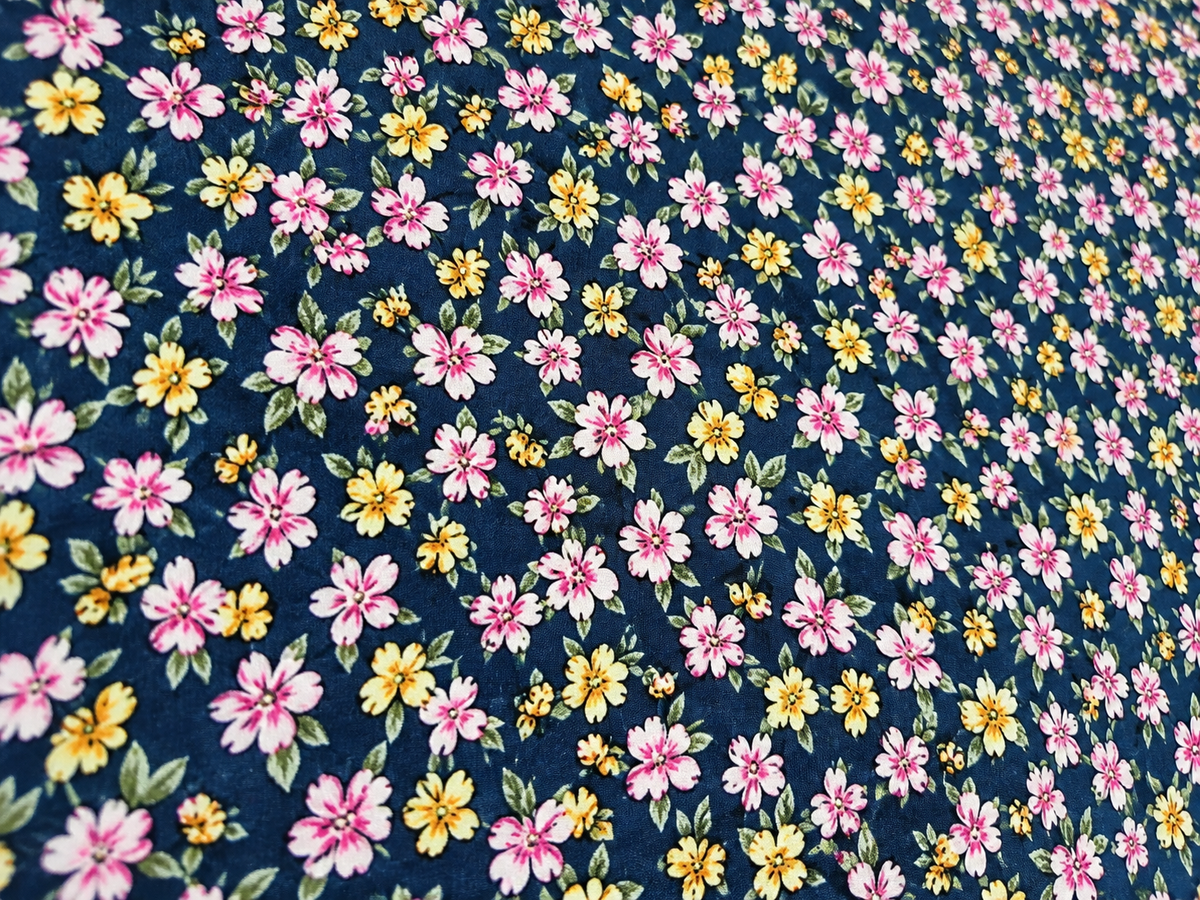 Navy Blue Floral Print 100% Rayon Crepe Woven Fabric – Pink & Yellow Flowers, 56” Wide