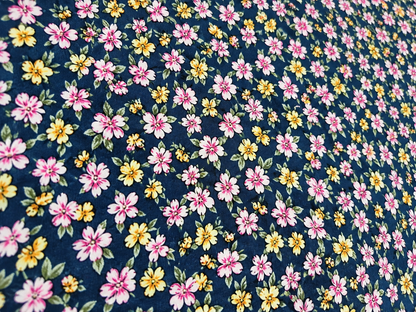 Navy Blue Floral Print 100% Rayon Crepe Woven Fabric – Pink & Yellow Flowers, 56” Wide