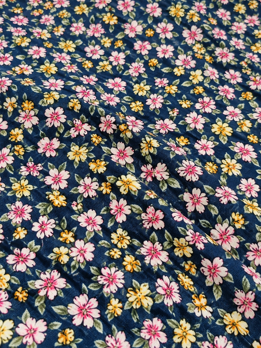 Navy Blue Floral Print 100% Rayon Crepe Woven Fabric – Pink & Yellow Flowers, 56” Wide