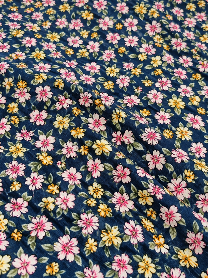 Navy Blue Floral Print 100% Rayon Crepe Woven Fabric – Pink & Yellow Flowers, 56” Wide
