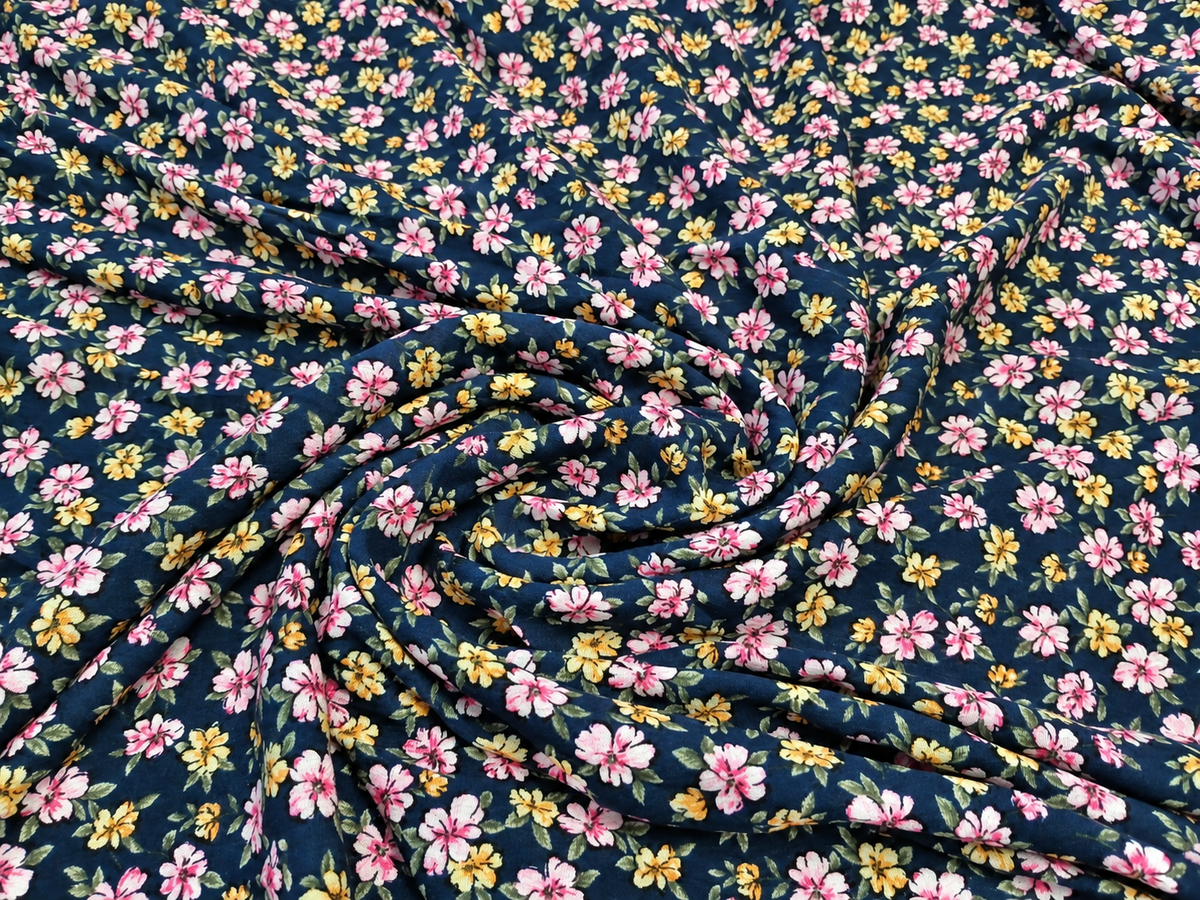 Navy Blue Floral Print 100% Rayon Crepe Woven Fabric – Pink & Yellow Flowers, 56” Wide
