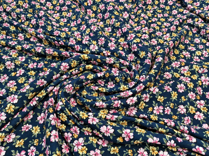 Navy Blue Floral Print 100% Rayon Crepe Woven Fabric – Pink & Yellow Flowers, 56” Wide