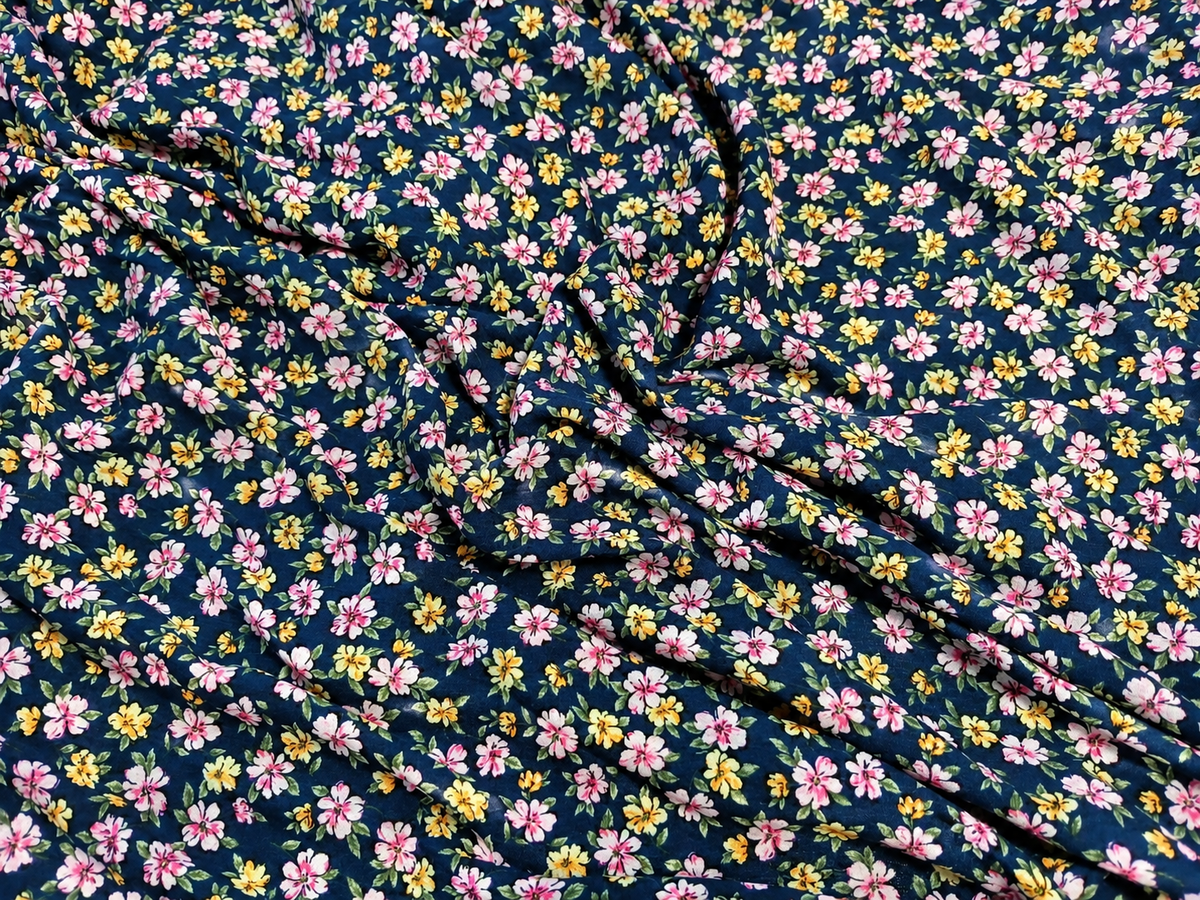 Navy Blue Floral Print 100% Rayon Crepe Woven Fabric – Pink & Yellow Flowers, 56” Wide