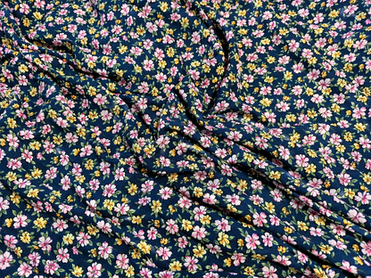 Navy Blue Floral Print 100% Rayon Crepe Woven Fabric – Pink & Yellow Flowers, 56” Wide