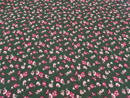 Hunter Green Floral Print 100% Rayon Crepe Woven Fabric – Red & White Flowers, 56” Wide