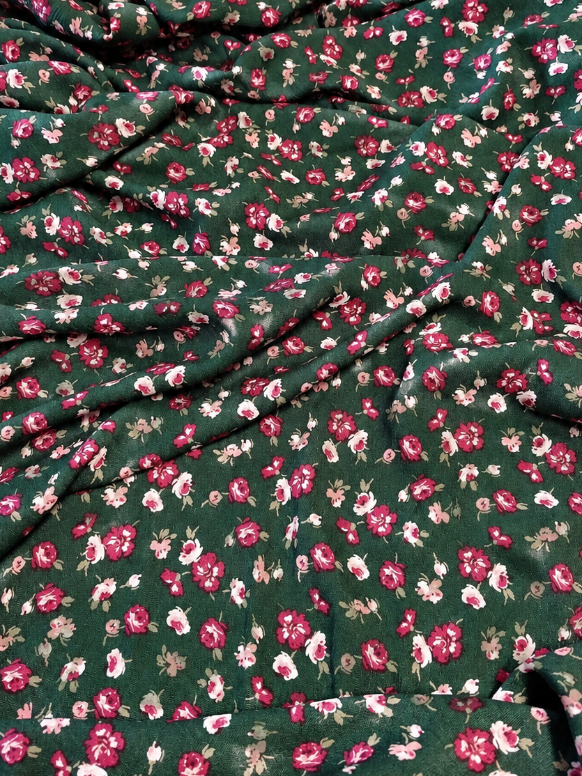 Hunter Green Floral Print 100% Rayon Crepe Woven Fabric – Red & White Flowers, 56” Wide