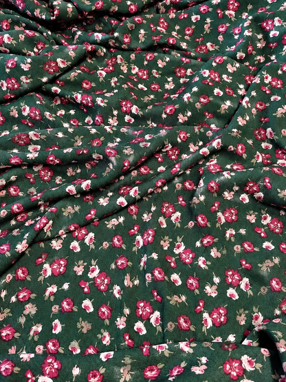 Hunter Green Floral Print 100% Rayon Crepe Woven Fabric – Red & White Flowers, 56” Wide