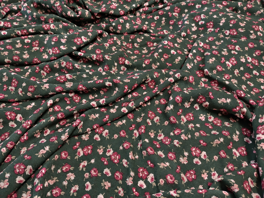 Hunter Green Floral Print 100% Rayon Crepe Woven Fabric – Red & White Flowers, 56” Wide