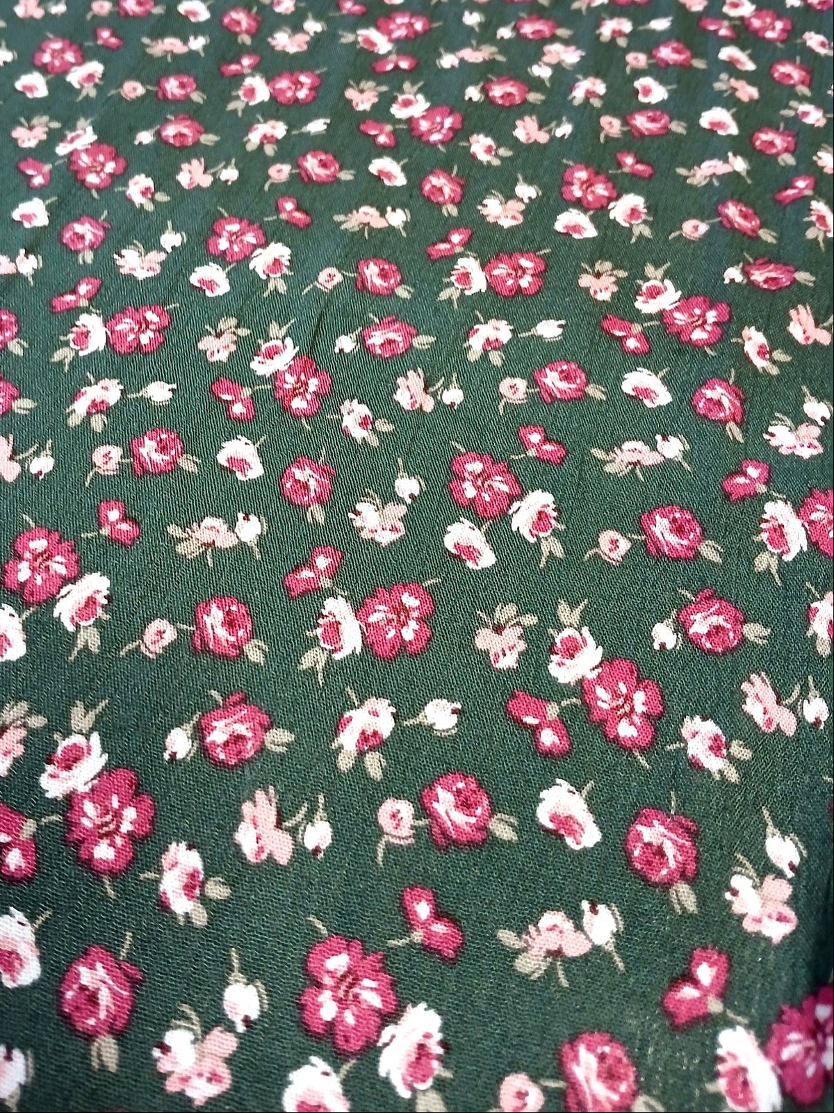 Hunter Green Floral Print 100% Rayon Crepe Woven Fabric – Red & White Flowers, 56” Wide