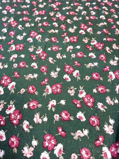 Hunter Green Floral Print 100% Rayon Crepe Woven Fabric – Red & White Flowers, 56” Wide