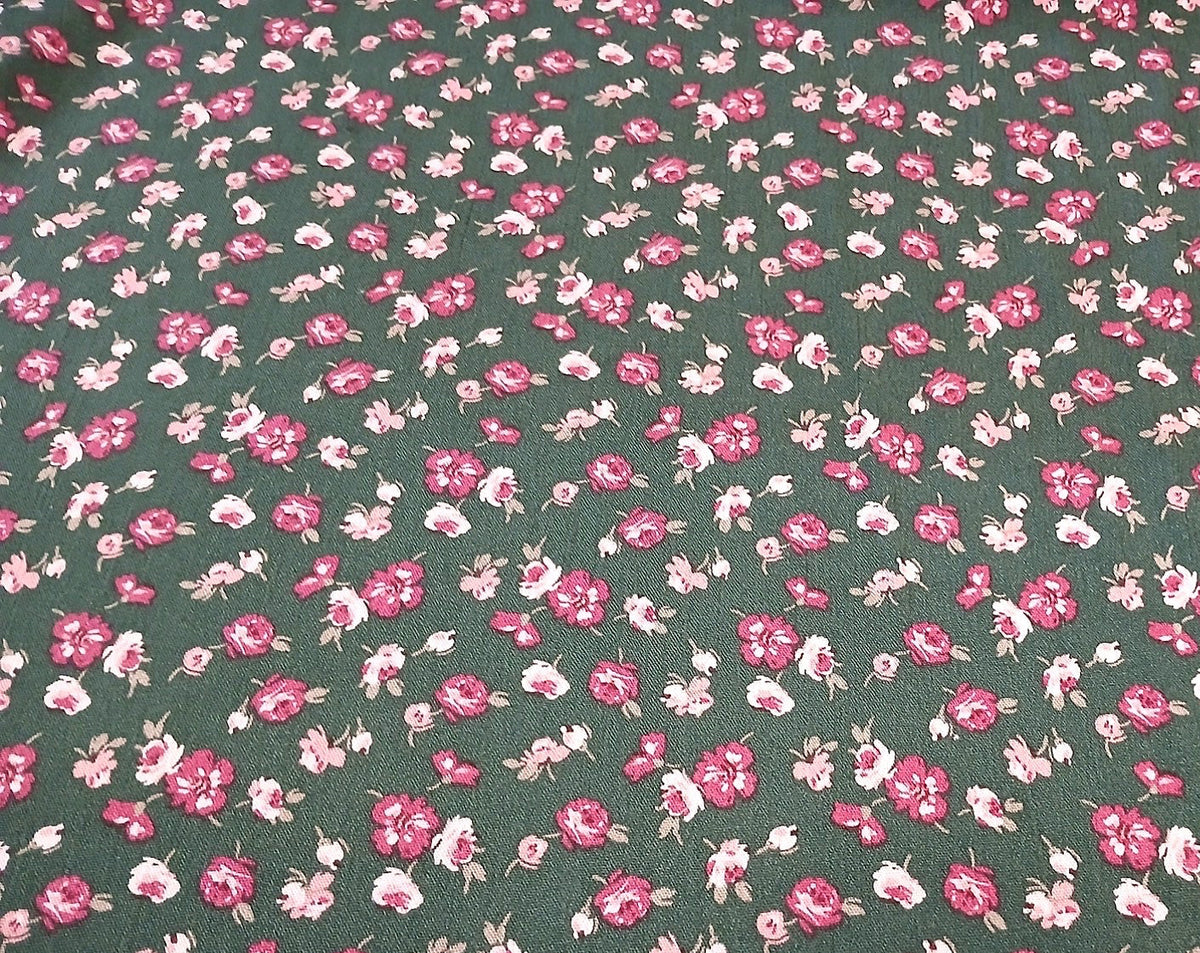 Hunter Green Floral Print 100% Rayon Crepe Woven Fabric – Red & White Flowers, 56” Wide