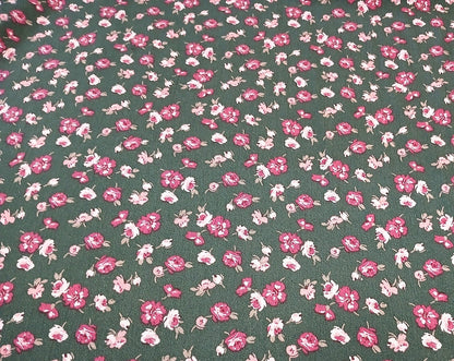Hunter Green Floral Print 100% Rayon Crepe Woven Fabric – Red & White Flowers, 56” Wide