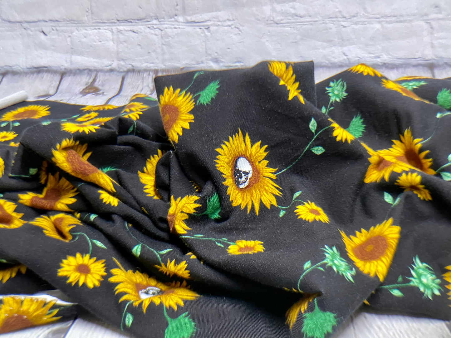 Heavy Weight Cotton Spandex 4 Way Stretch Sunflower Skull Gothic Print Fabric By The Yard 240 GSM