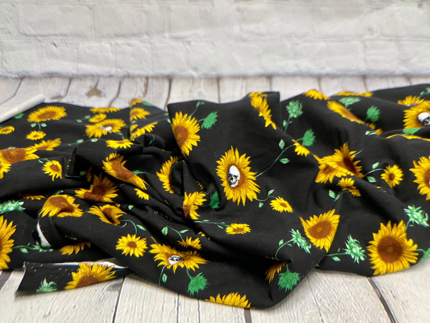 Heavy Weight Cotton Spandex 4 Way Stretch Sunflower Skull Gothic Print Fabric By The Yard 240 GSM